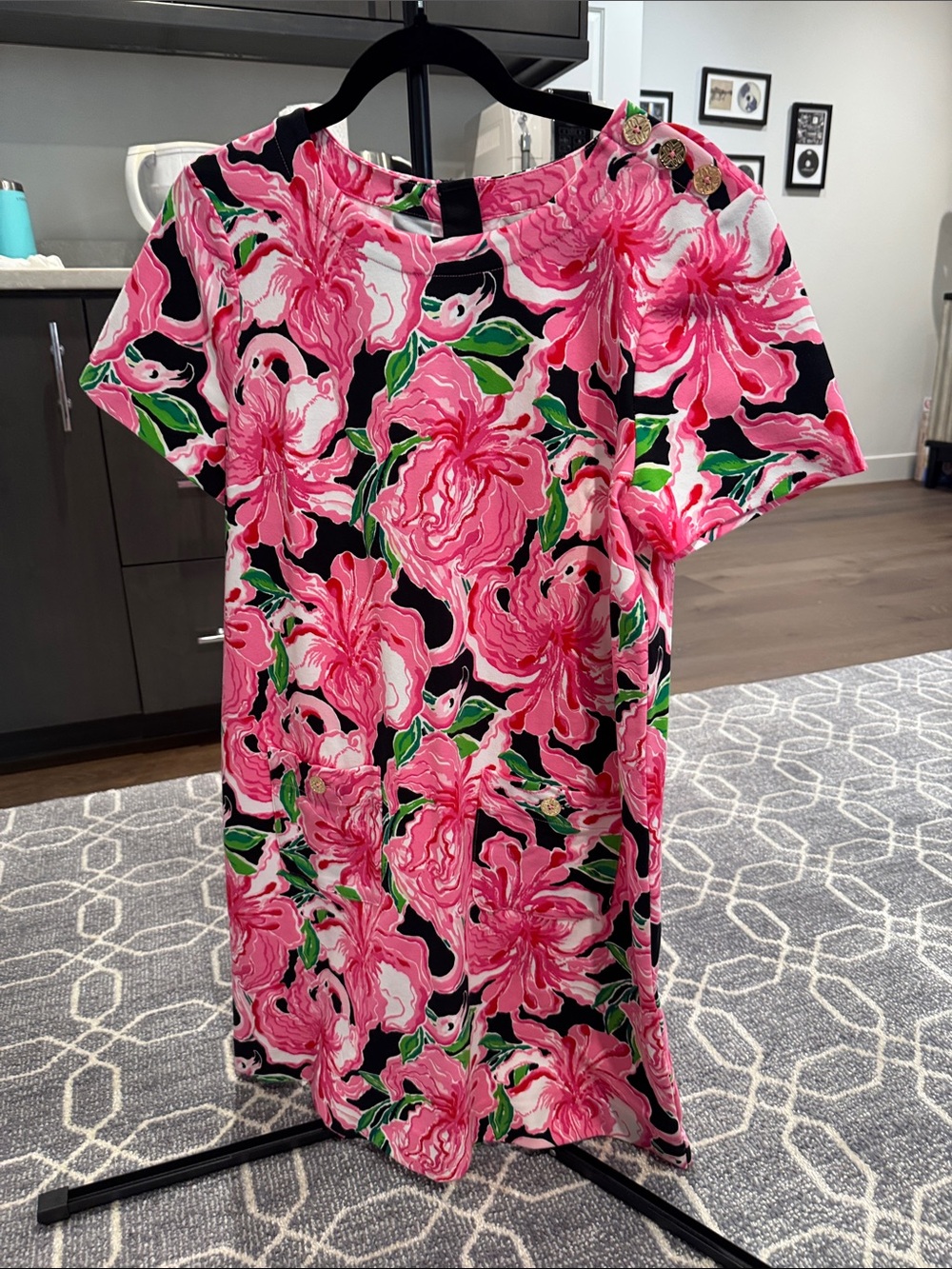 Lilly Pulitzer Pink Floral Shift Dress with Black and Green Accents